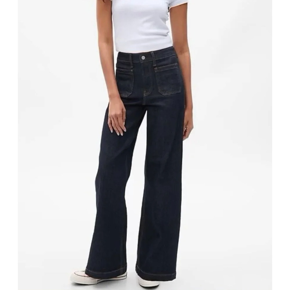 GAP Womens High Rise Stride Jean Wide Leg Patch Pocket Size 27/4 Tall Dark Wash